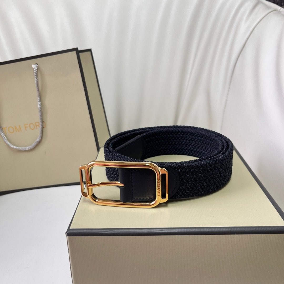 Tom Ford Textured Canvas Belt with Gold Buckle