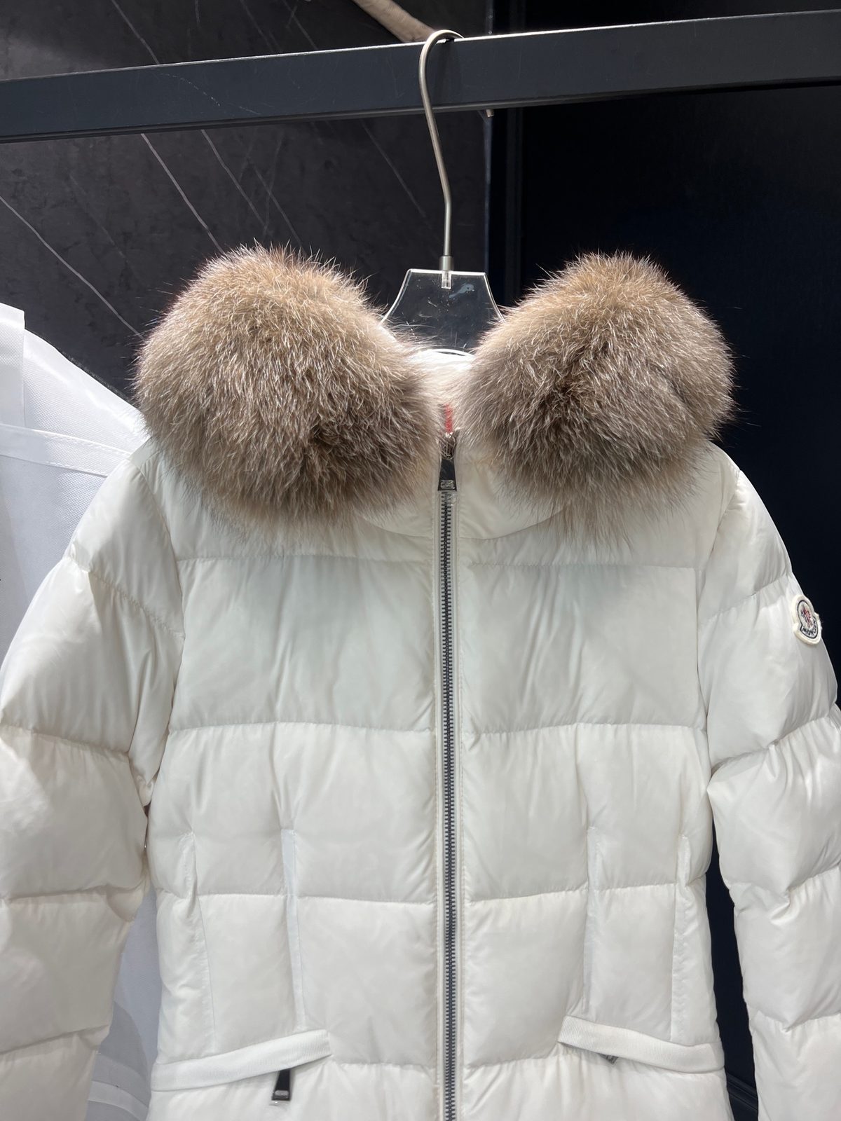 Moncler White Puffer Jacket with Fur Hood