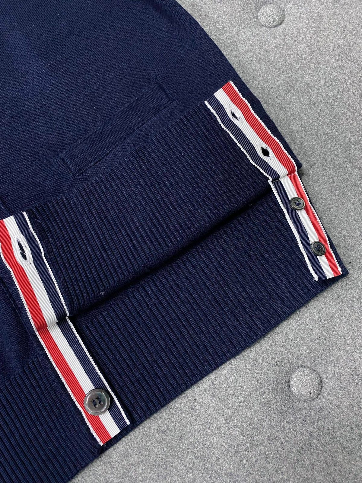 Navy Ribbed Cardigan with Tricolor Stripe Trim