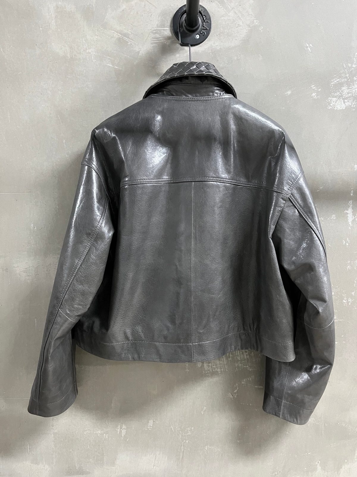 Gray Leather Cropped Jacket with Quilted Collar