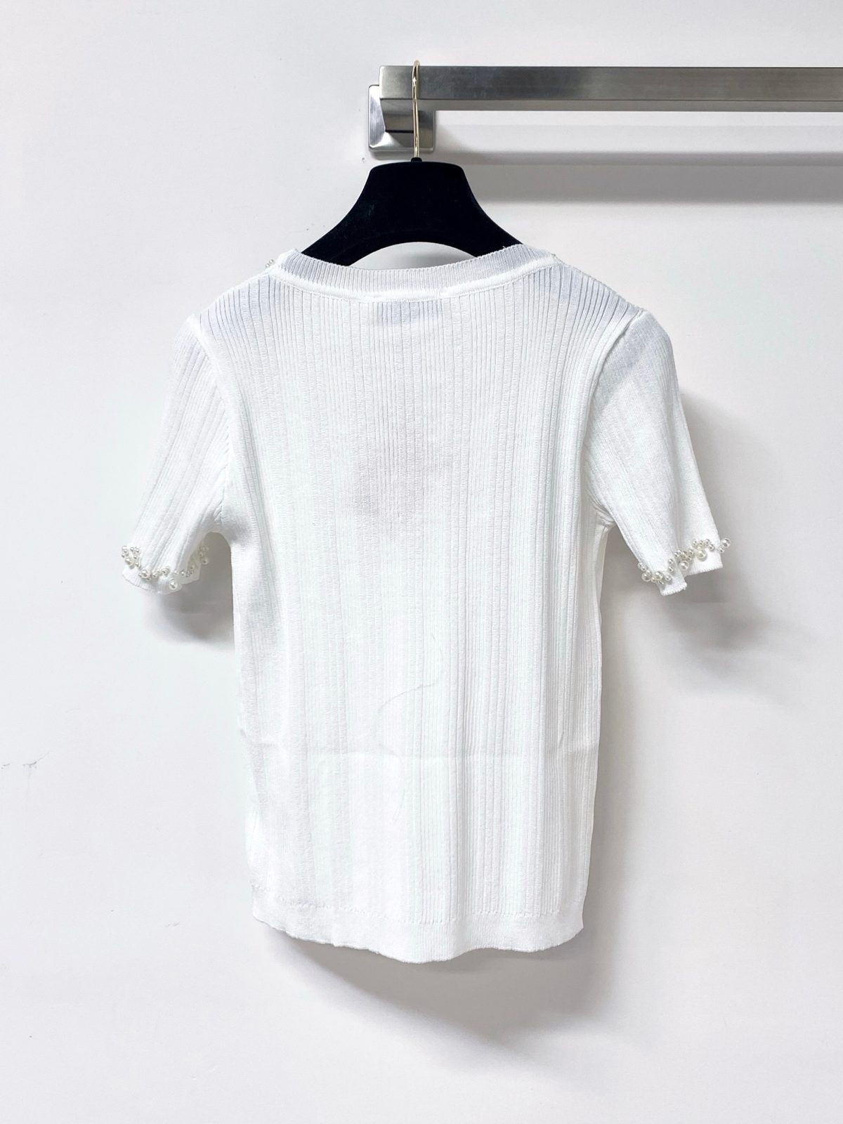 Miu Miu Ribbed Cotton T-Shirt with Pearl Trim