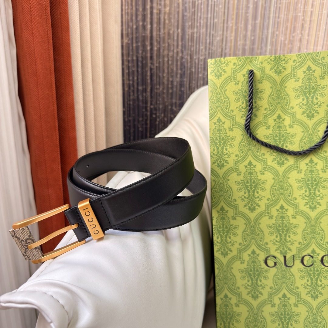 Gucci Black Leather Belt with Gold Buckle