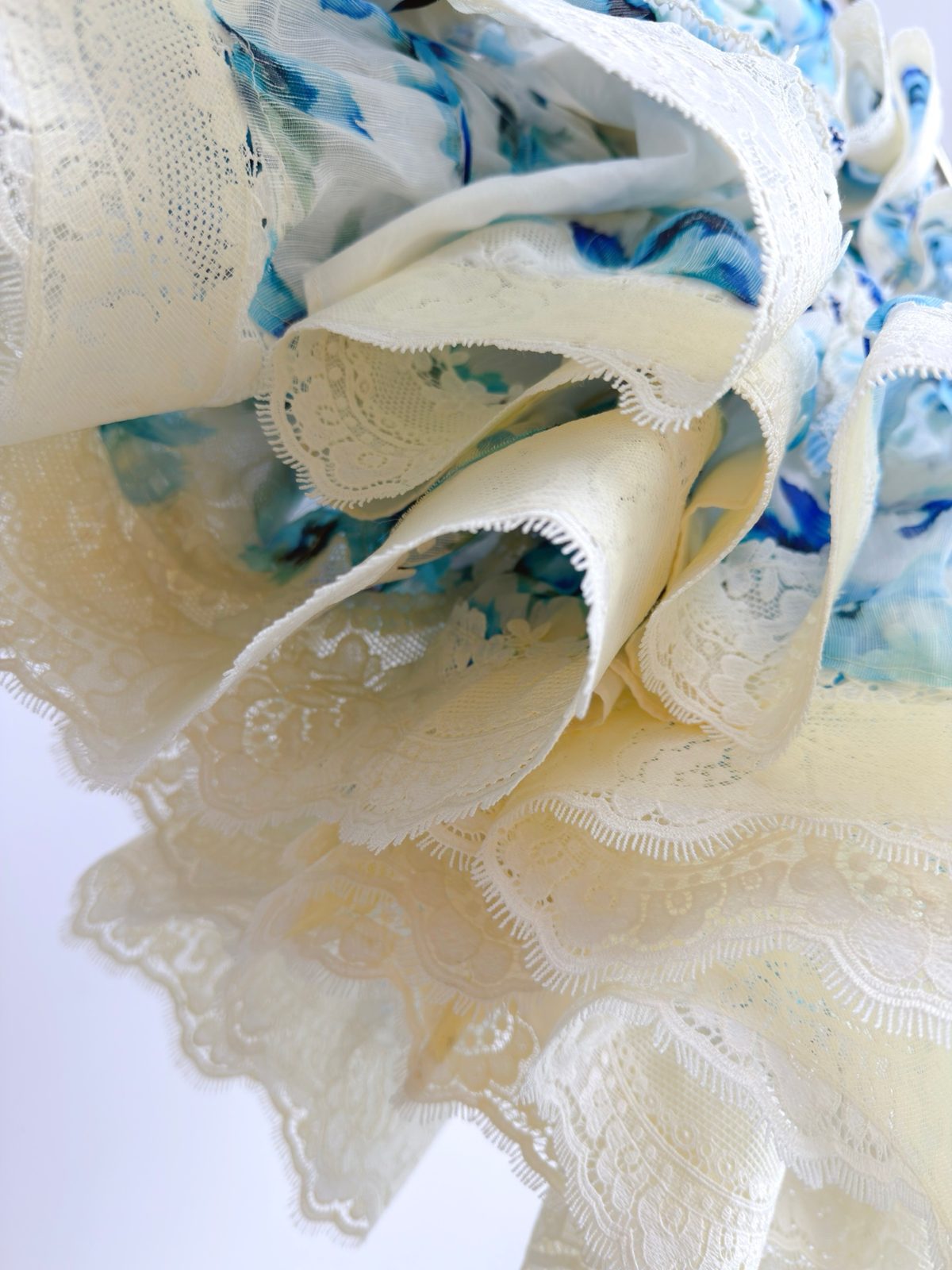 Blue Floral Pleated Ruffle Dress with Lace Trim