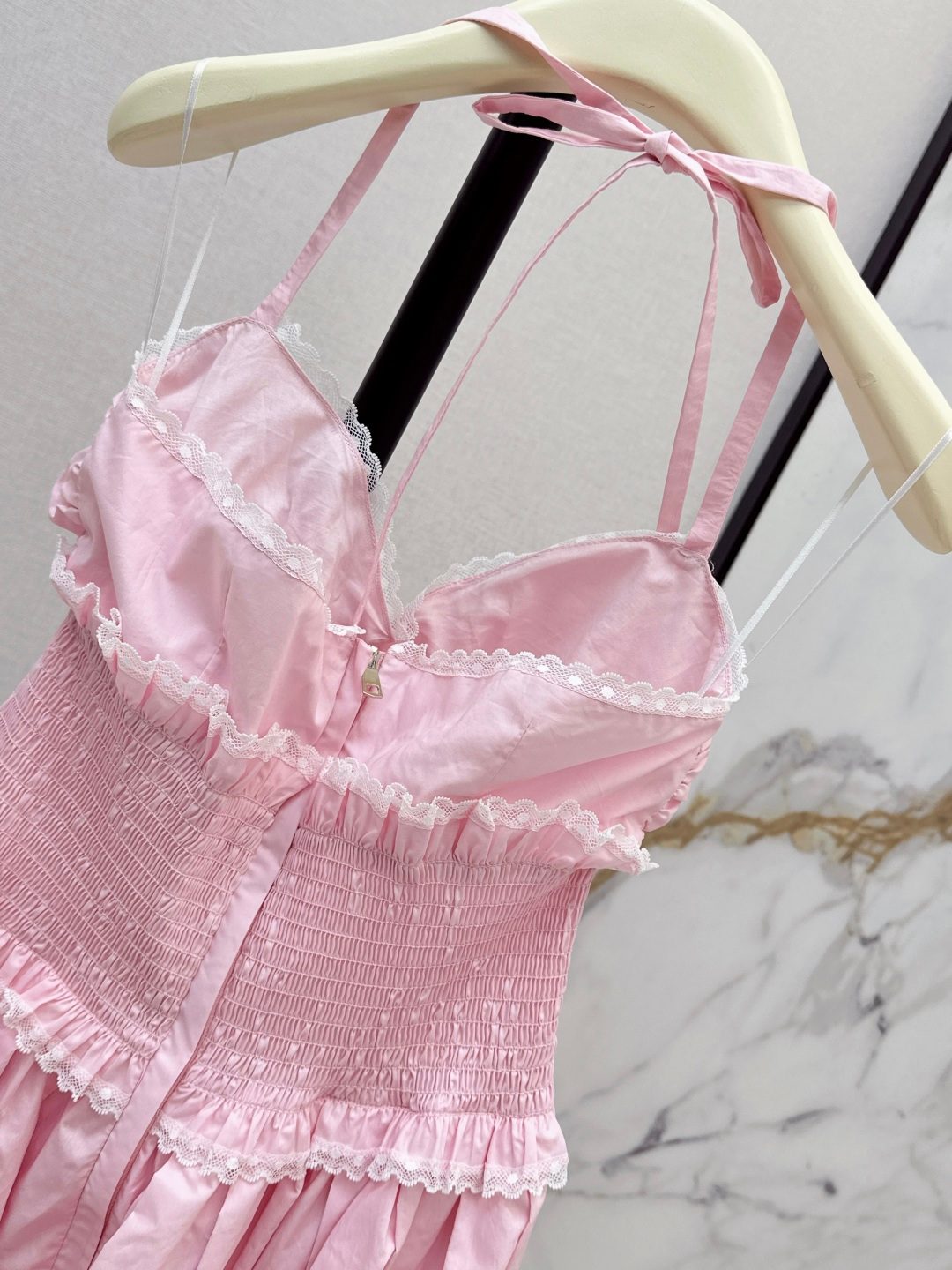 Pink Smocked Ruffle Halter Midi Dress
