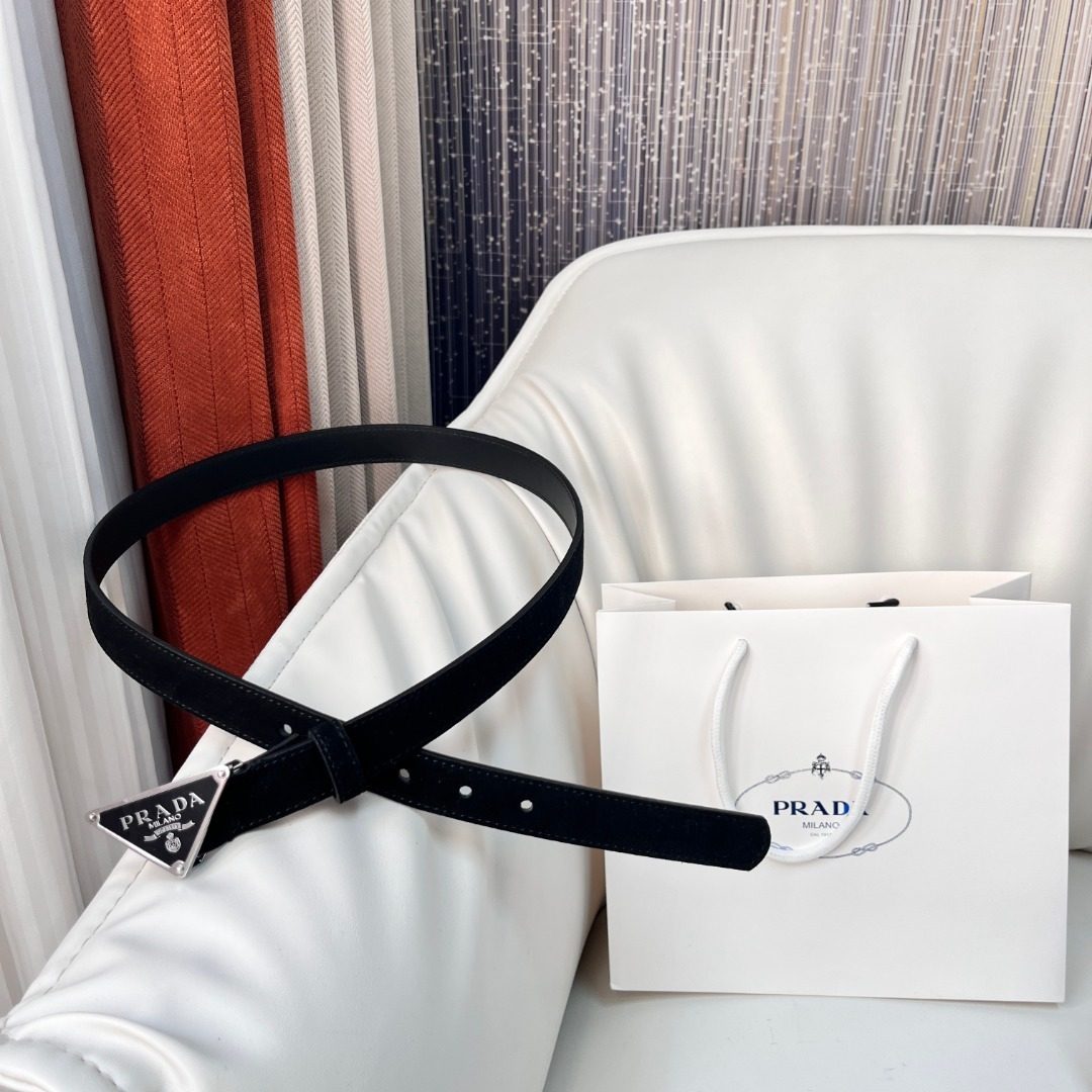 Prada Black Leather Triangle Logo Belt