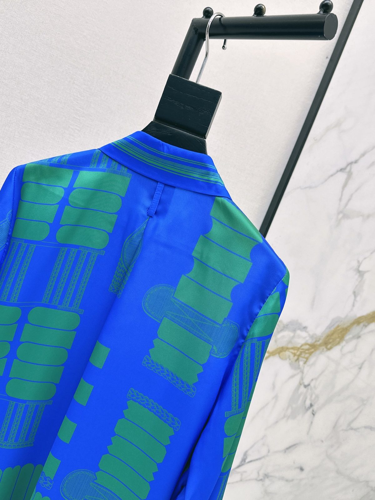 Blue and Green Abstract Print Silk Shirt