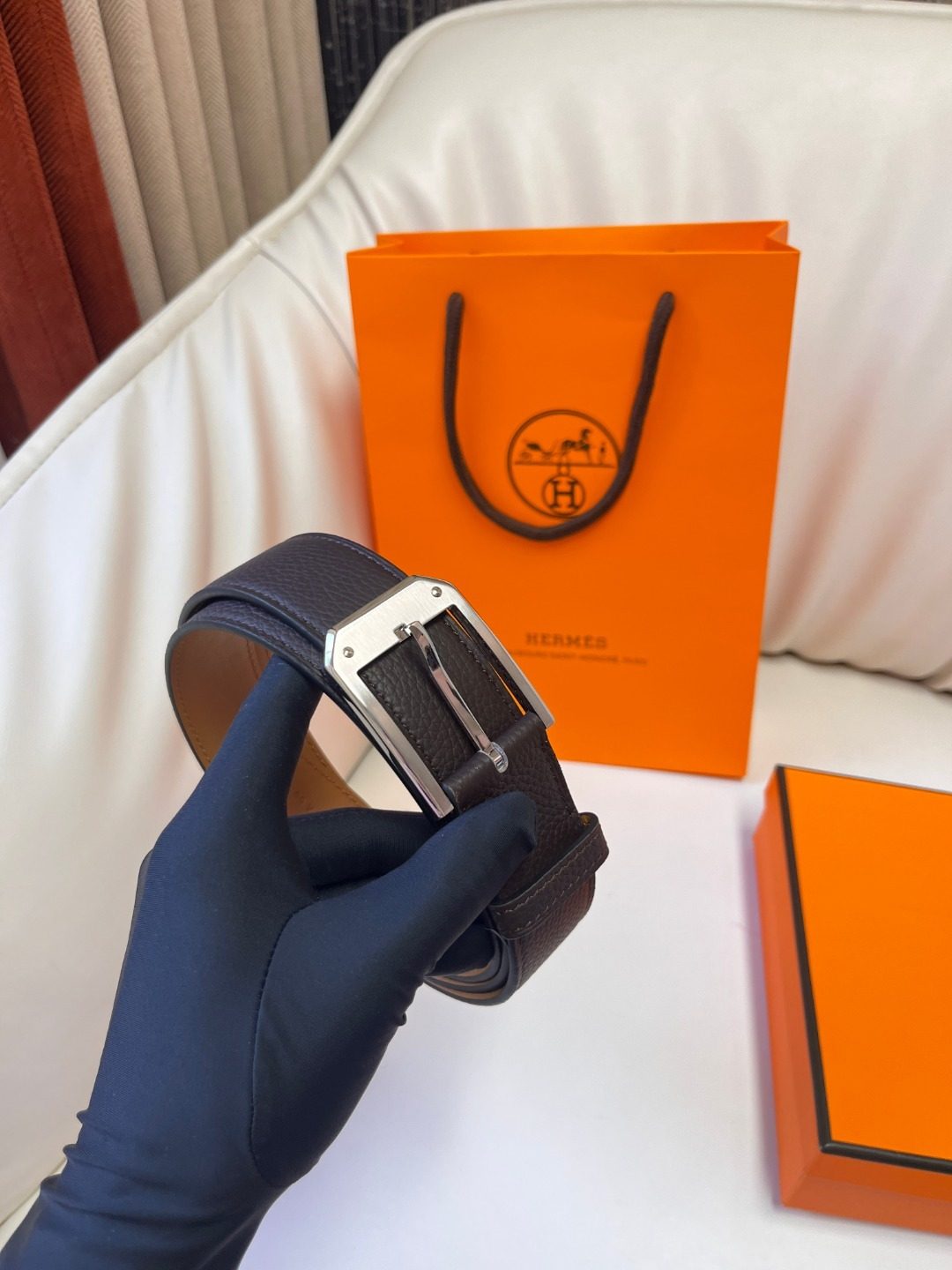 Hermès Reversible Leather Belt with Silver Buckle