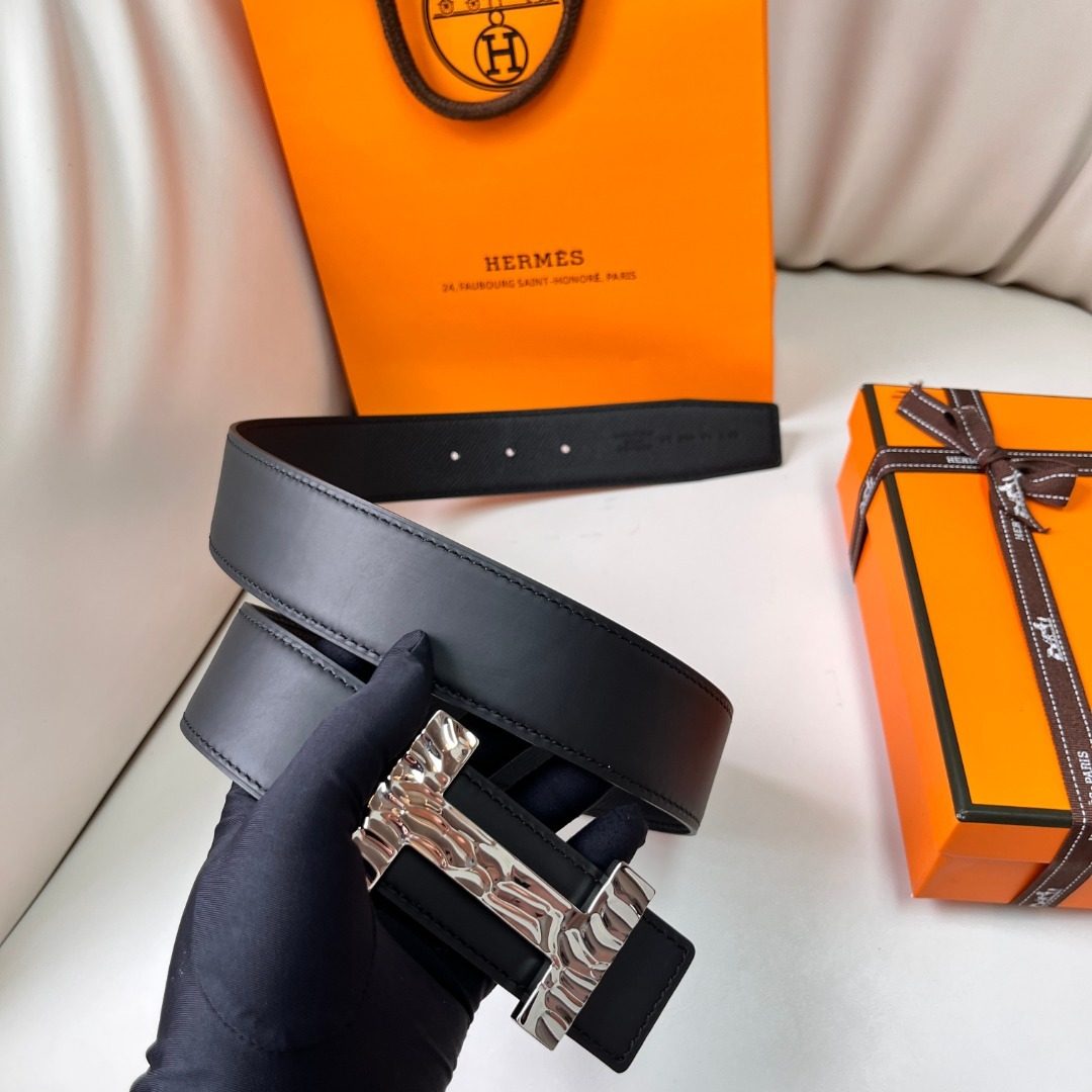 Hermès Silver H Buckle Leather Belt