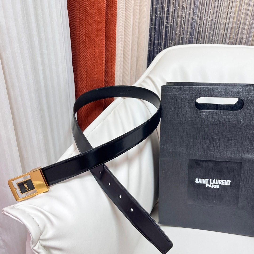 Saint Laurent Paris Leather Belt with Gold Buckle