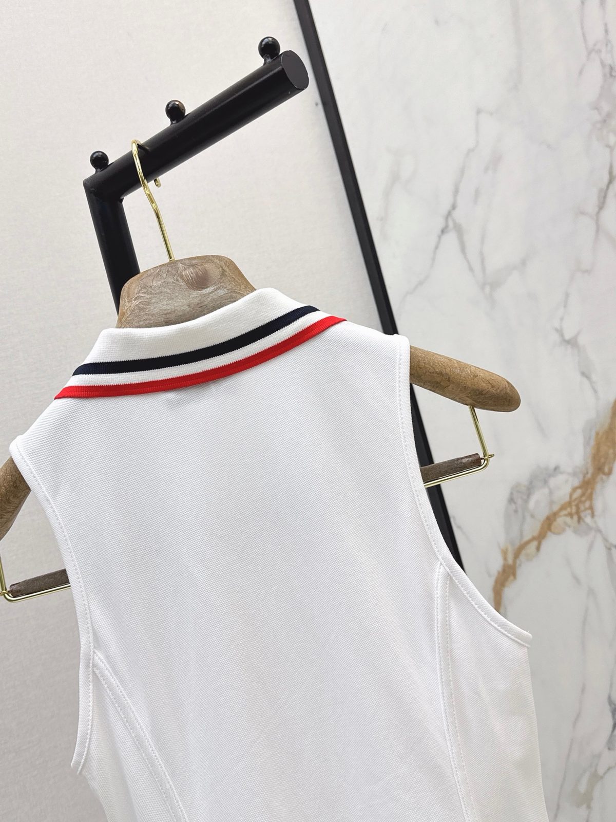 White Sleeveless Polo Dress with Striped Collar