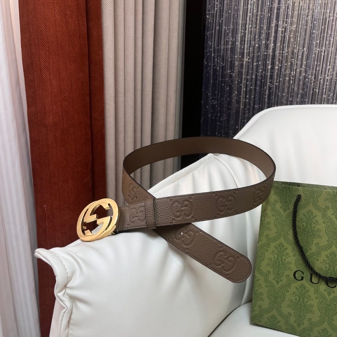 Gucci GG Leather Belt with Gold Buckle