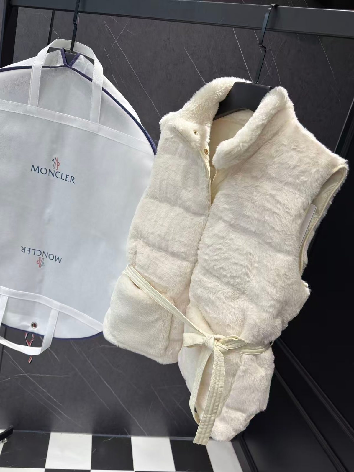 Moncler Cream Fur-Lined Puffer Vest