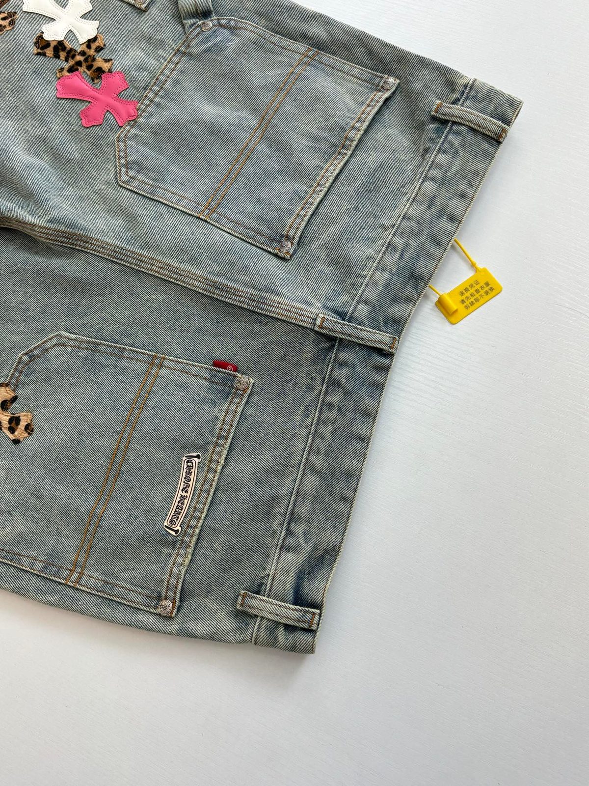 Distressed Denim Shorts with Cross Appliqués