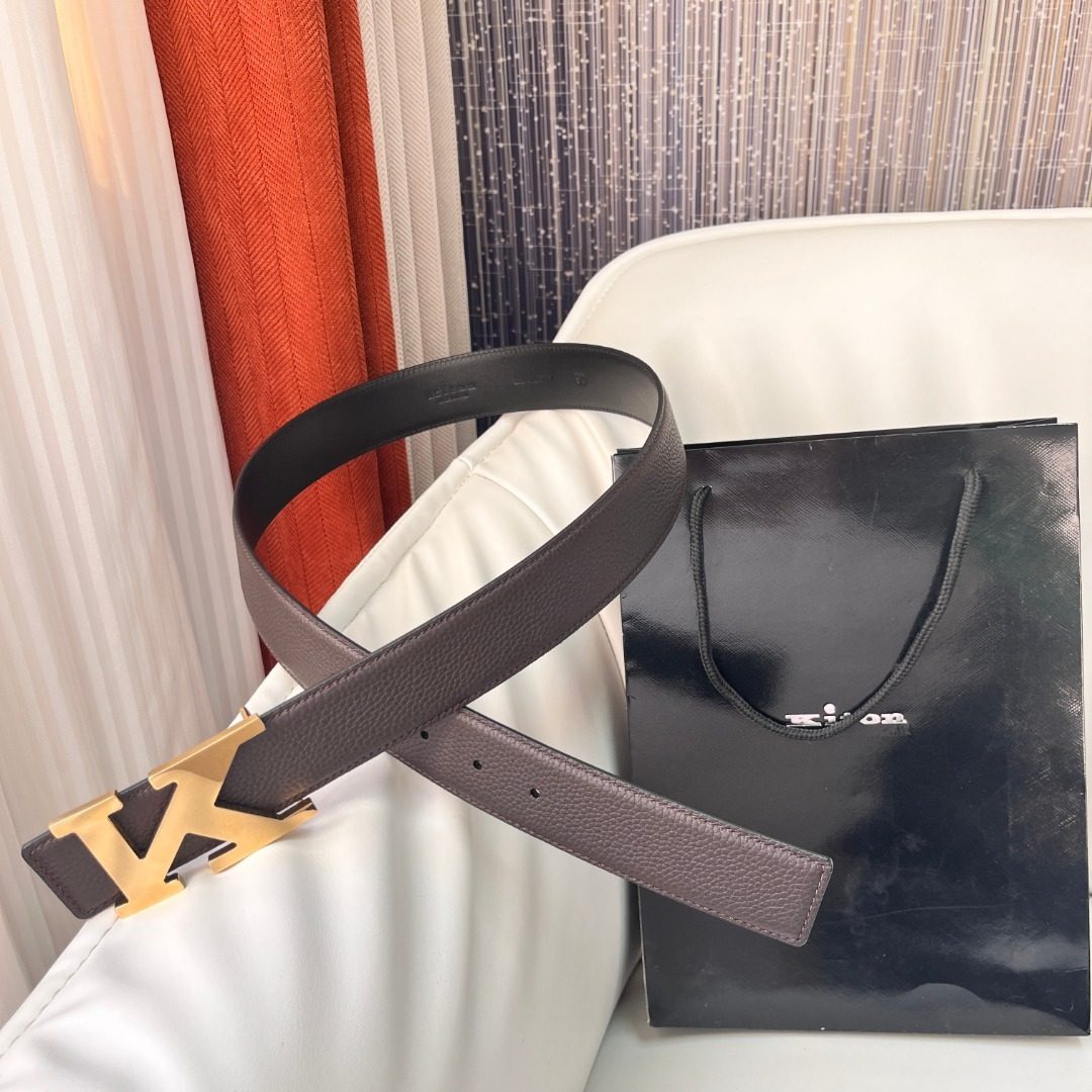 Kiton Black Leather Belt with Gold K Buckle