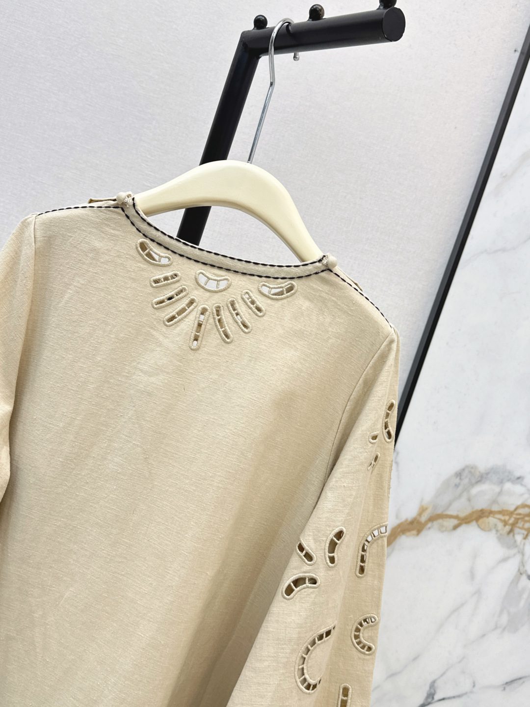 Cream Linen Eyelet Embroidered Dress