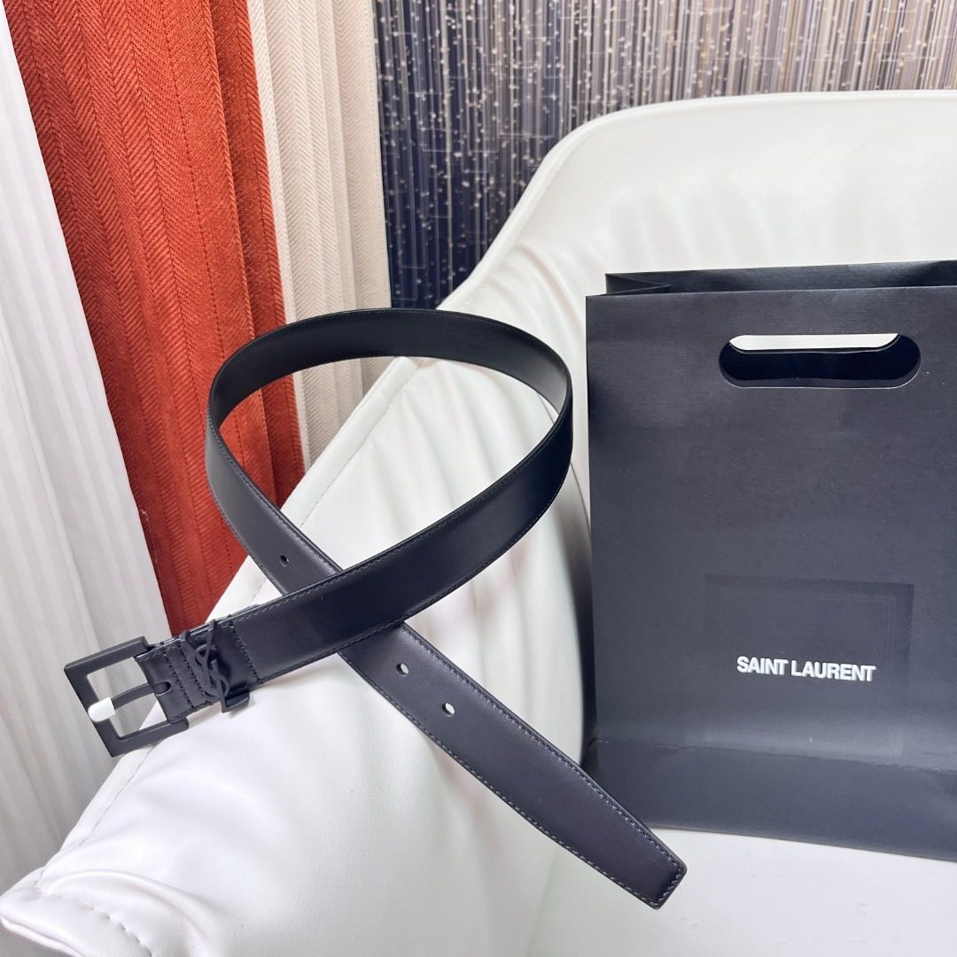 Saint Laurent Leather Belt with Monogram Buckle