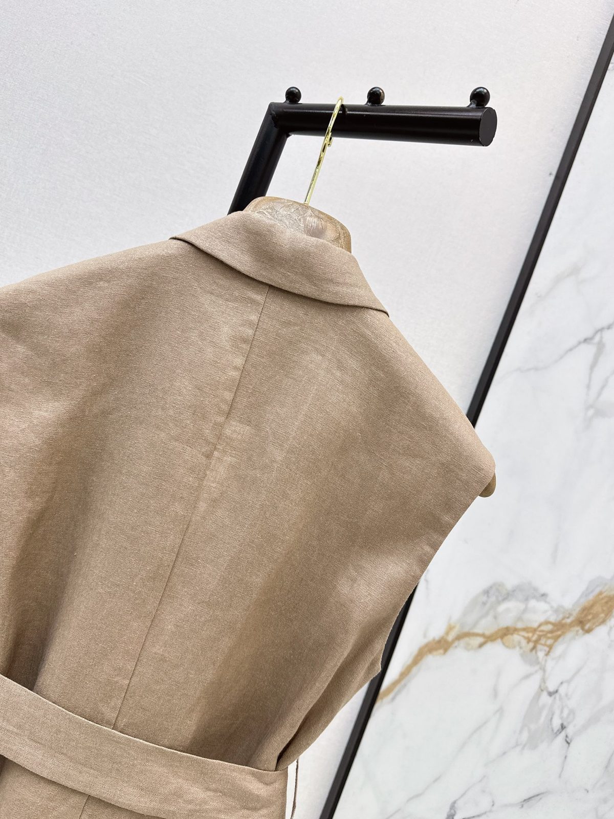 Beige Linen Belted Blazer Vest