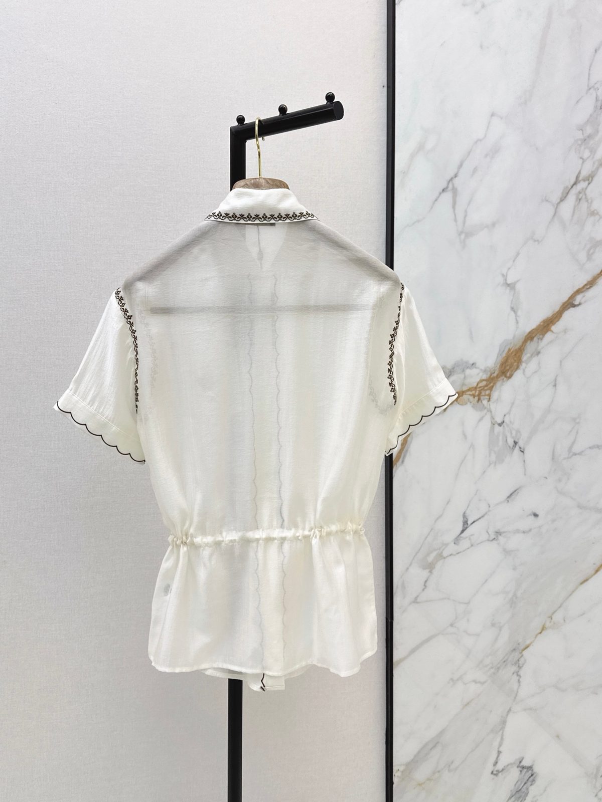 Luxury Short-Sleeve Collared Shirt with Scalloped Trim