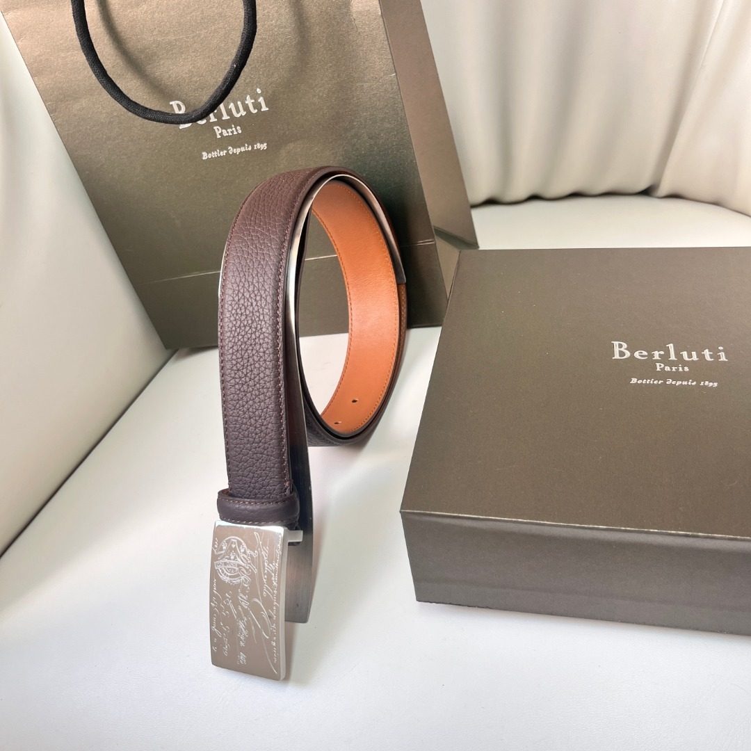 Berluti Leather Belt with Metal Buckle