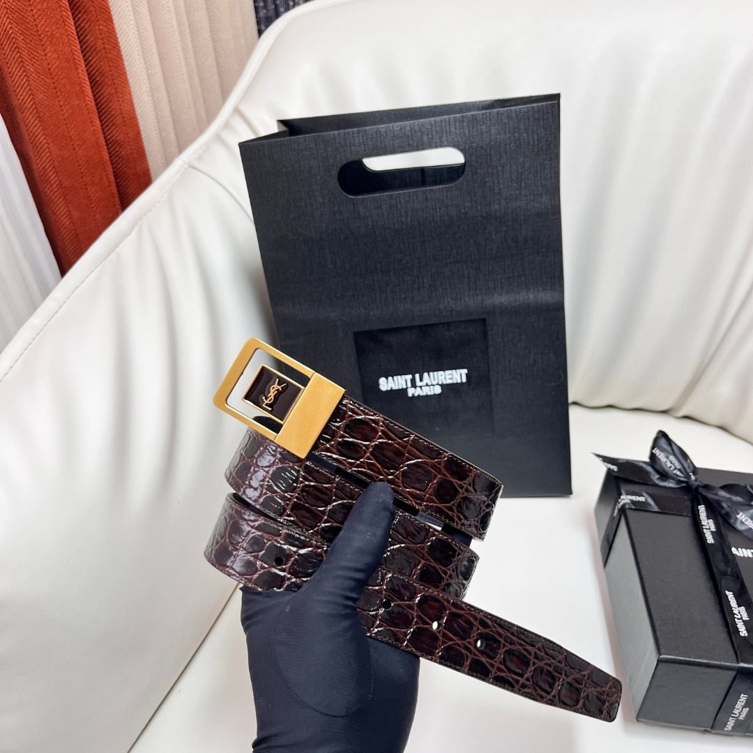 Saint Laurent Crocodile Embossed Leather Belt