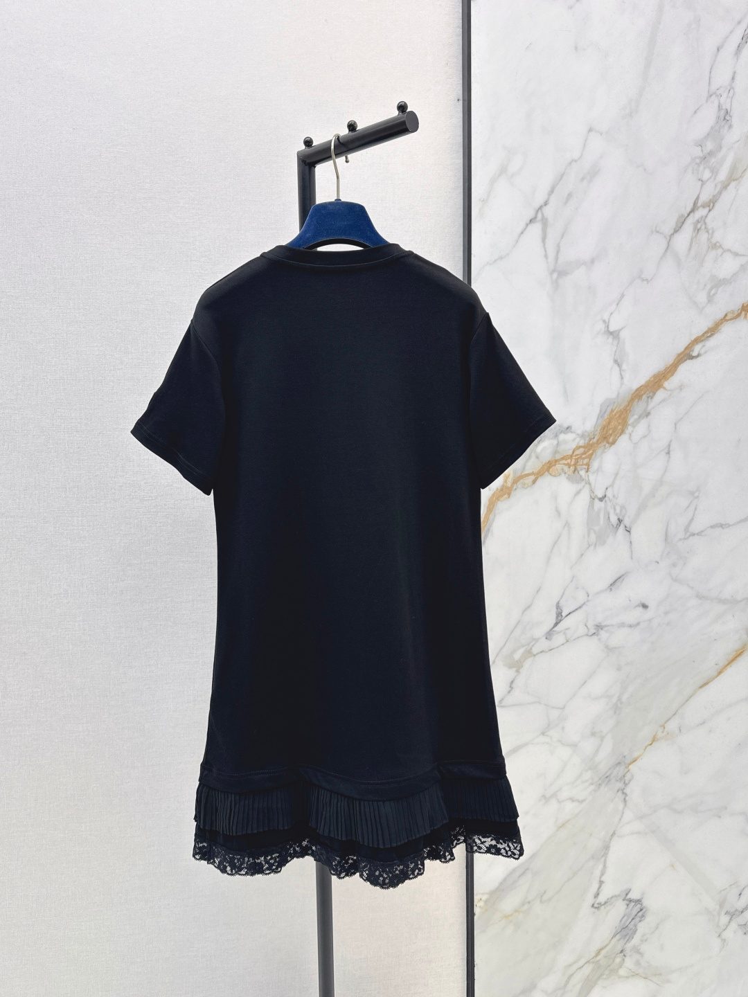 Black Cotton Lace Trim Short Sleeve T-Shirt Dress