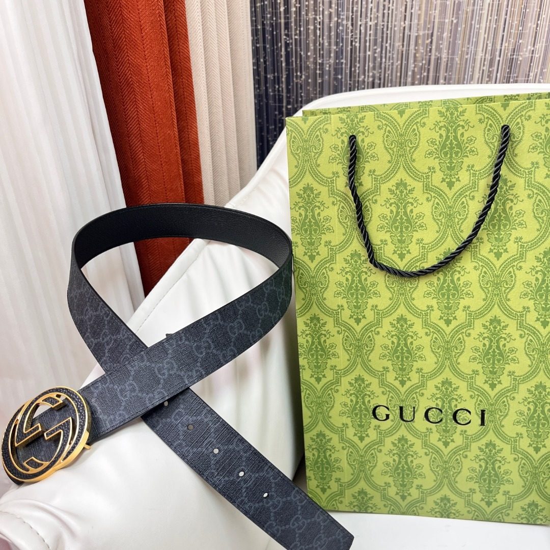 Gucci GG Canvas Leather Belt with Gold Buckle