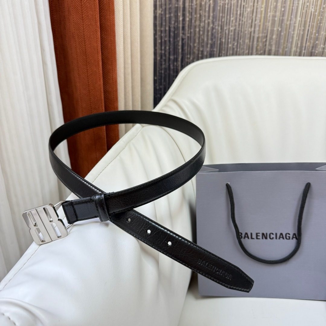 Balenciaga Black Leather Belt with Silver Buckle