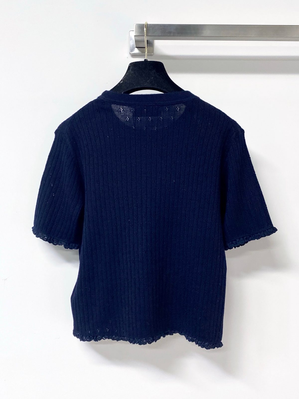 Navy Wool Ribbed Knit Short Sleeve Top