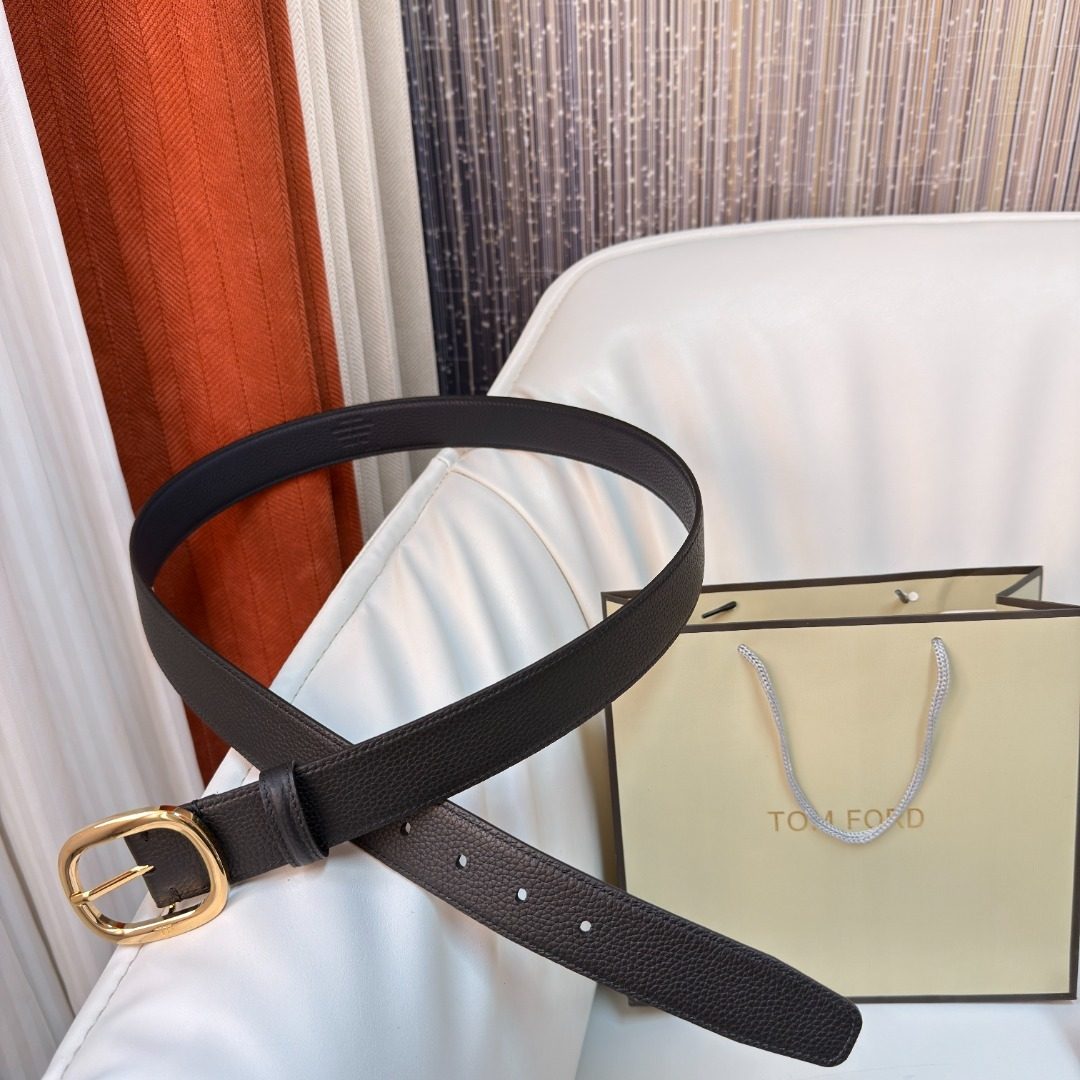 Tom Ford Black Leather Belt with Gold Buckle