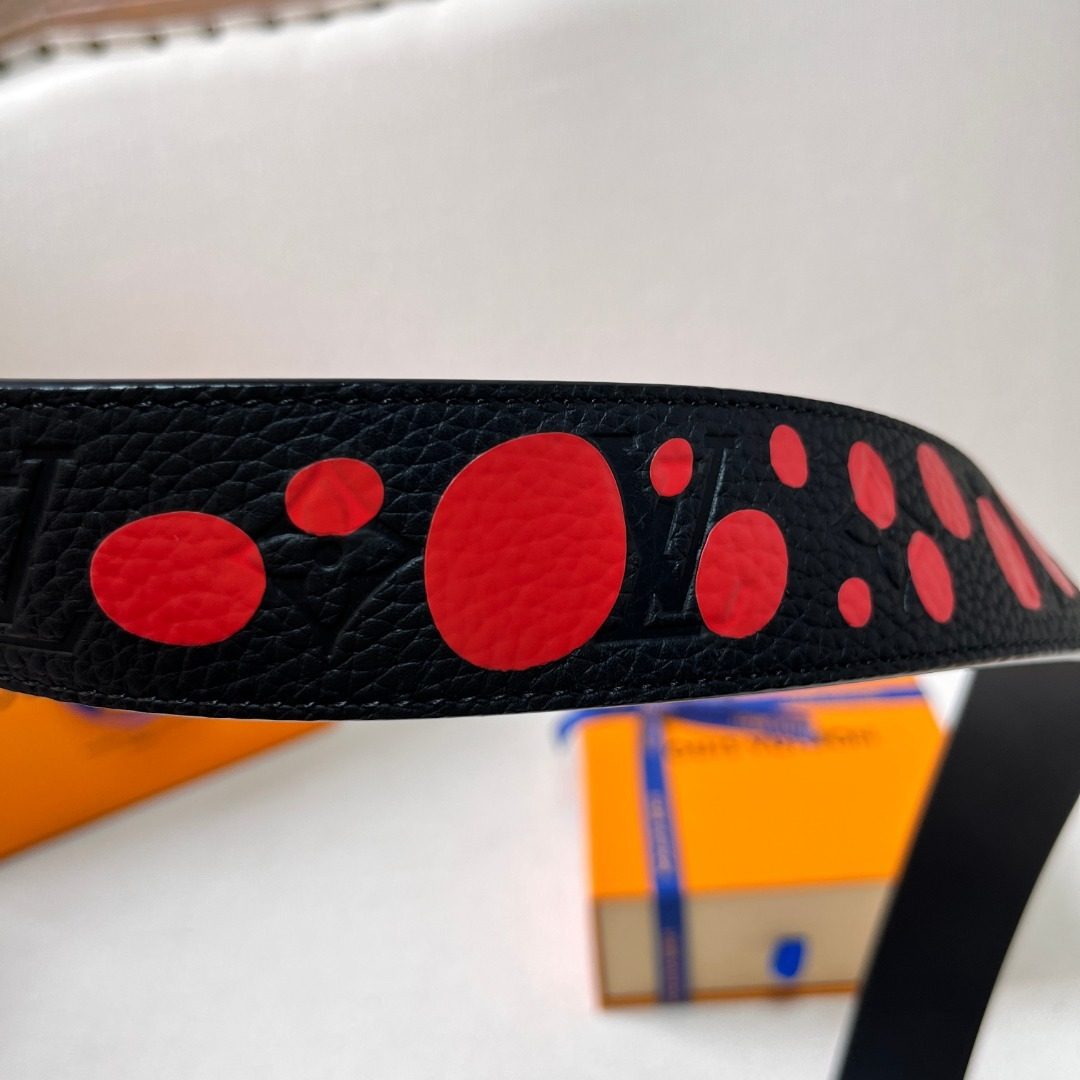 Black Leather Belt with Red Spot Pattern