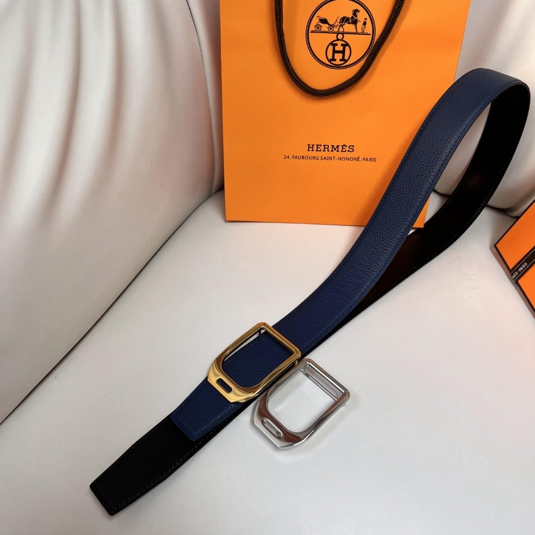 Hermès Reversible Leather Belt Blue Gold Buckle