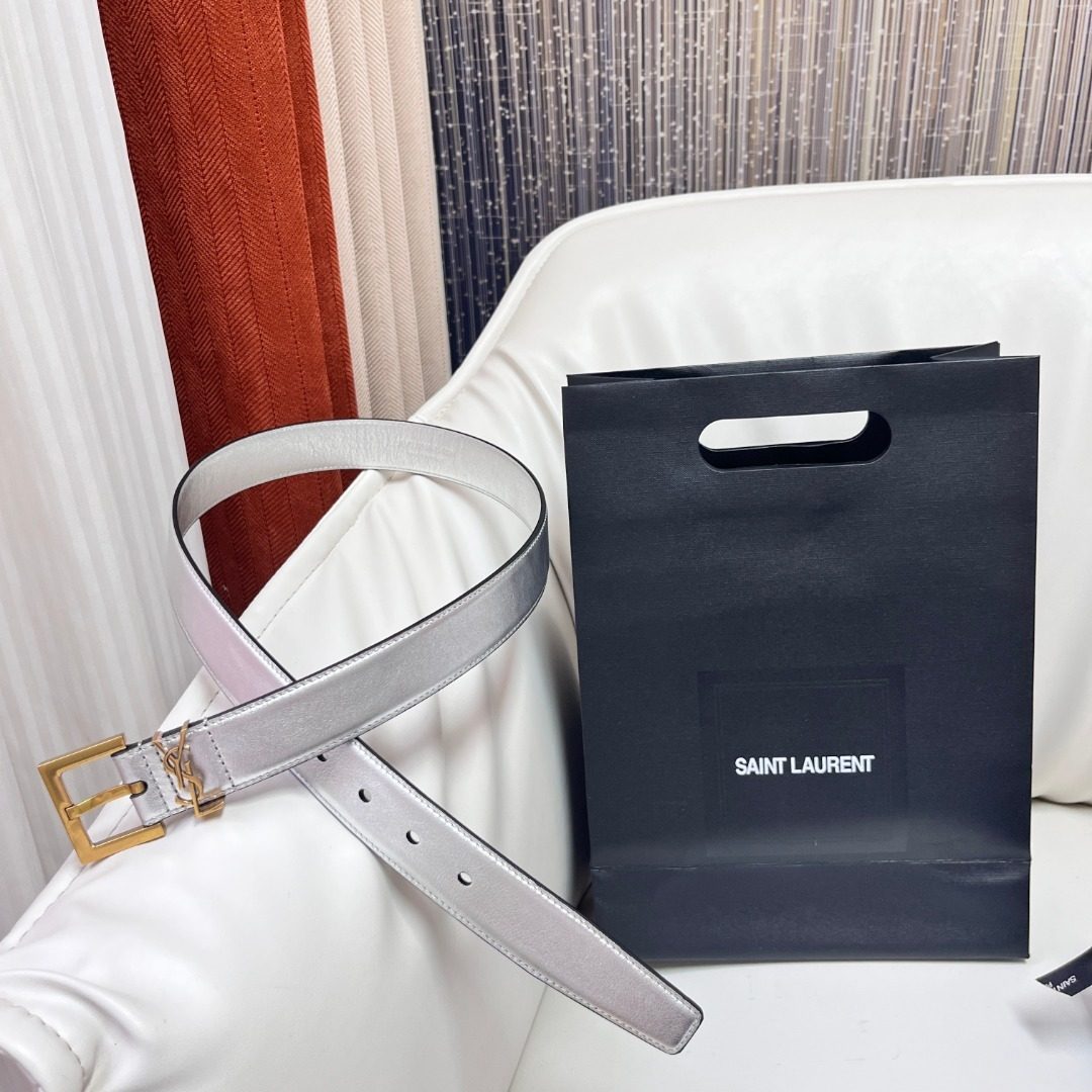 Saint Laurent Silver Metallic Leather Belt