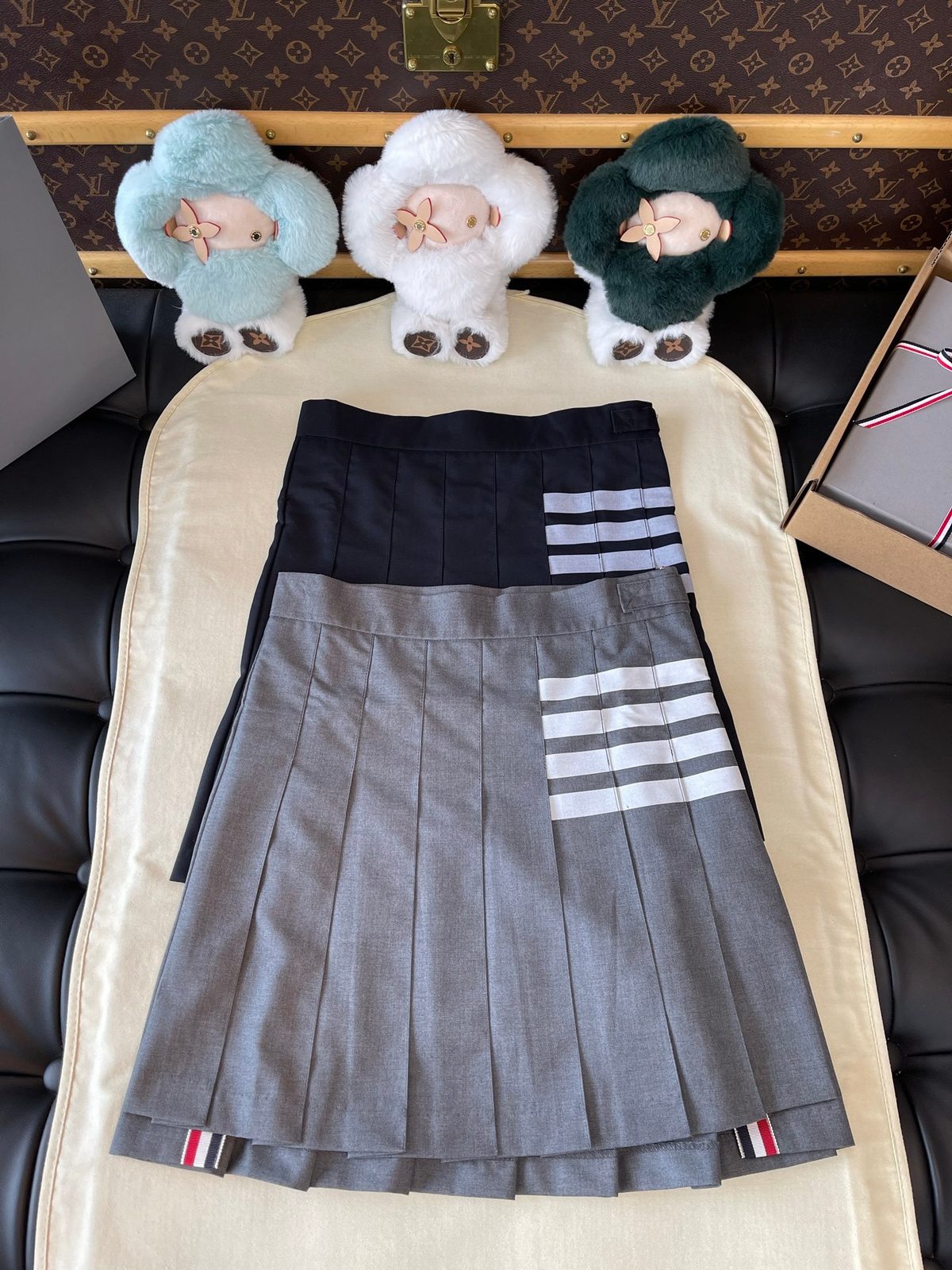 Thom Browne Pleated Wool Skirt with Striped Trim