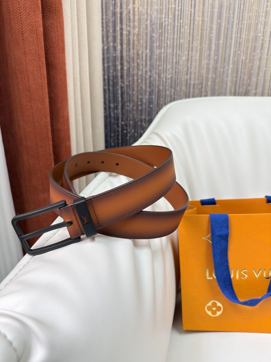 Louis Vuitton Cognac Leather Belt with Black Buckle
