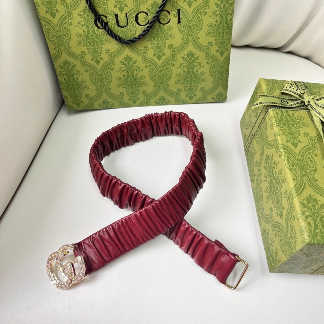 Gucci Ruched Leather Belt with Crystal Buckle