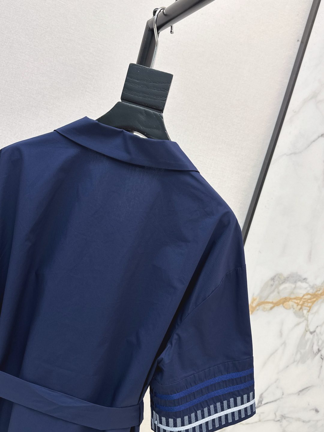 Navy Blue Silk Shirt with Striped Cuff Detail