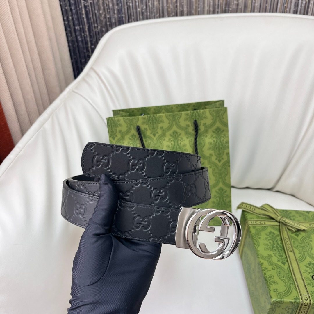 Gucci GG Embossed Leather Belt with Silver Buckle