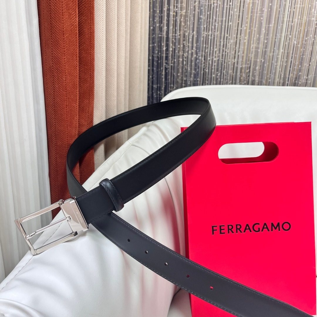 Ferragamo Black Leather Belt with Silver Buckle