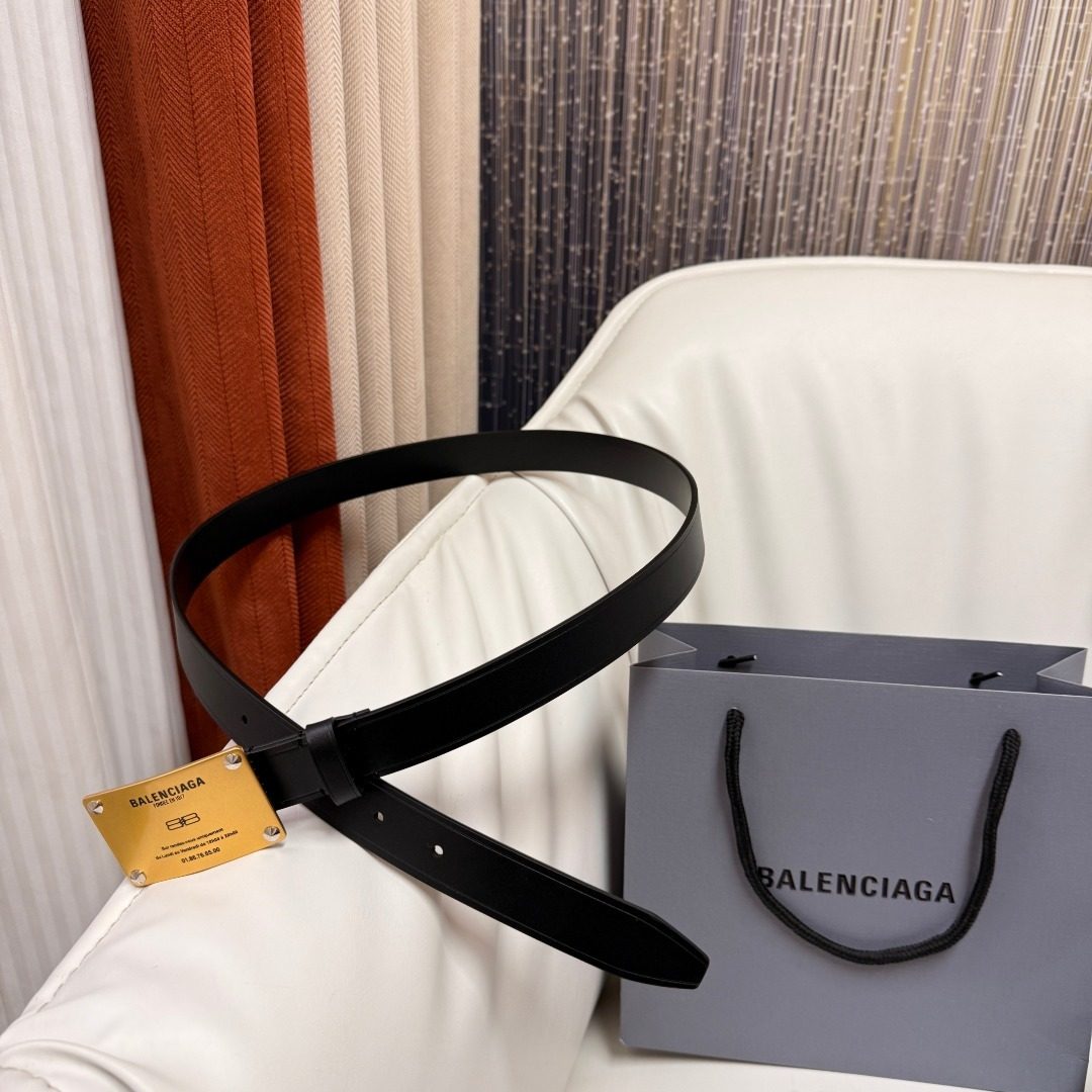 Balenciaga Black Leather Belt with Gold Plate