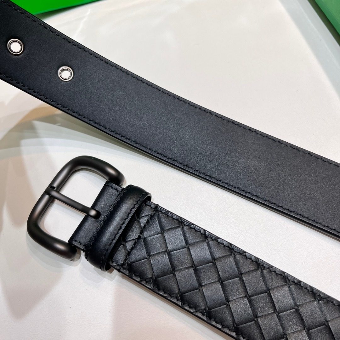 Black Quilted Leather Belt with Metal Buckle
