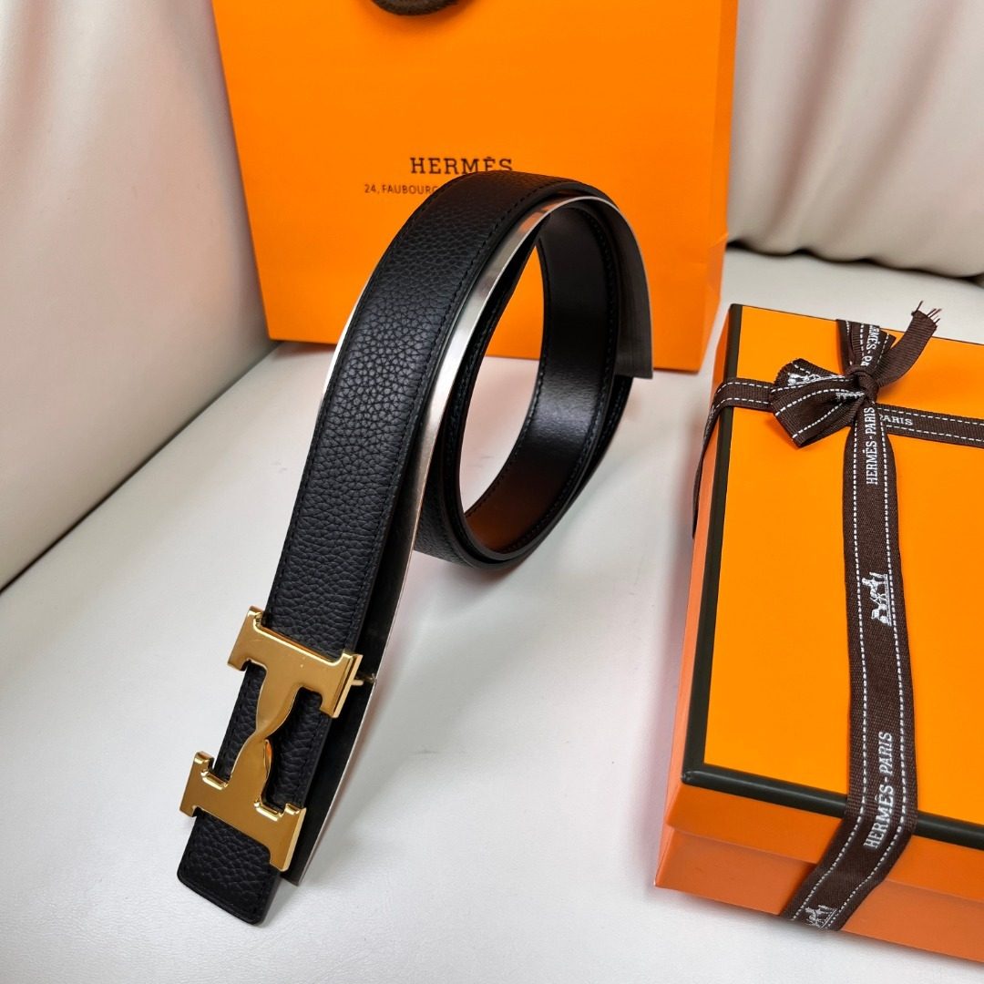 Hermès H Buckle Leather Belt Black