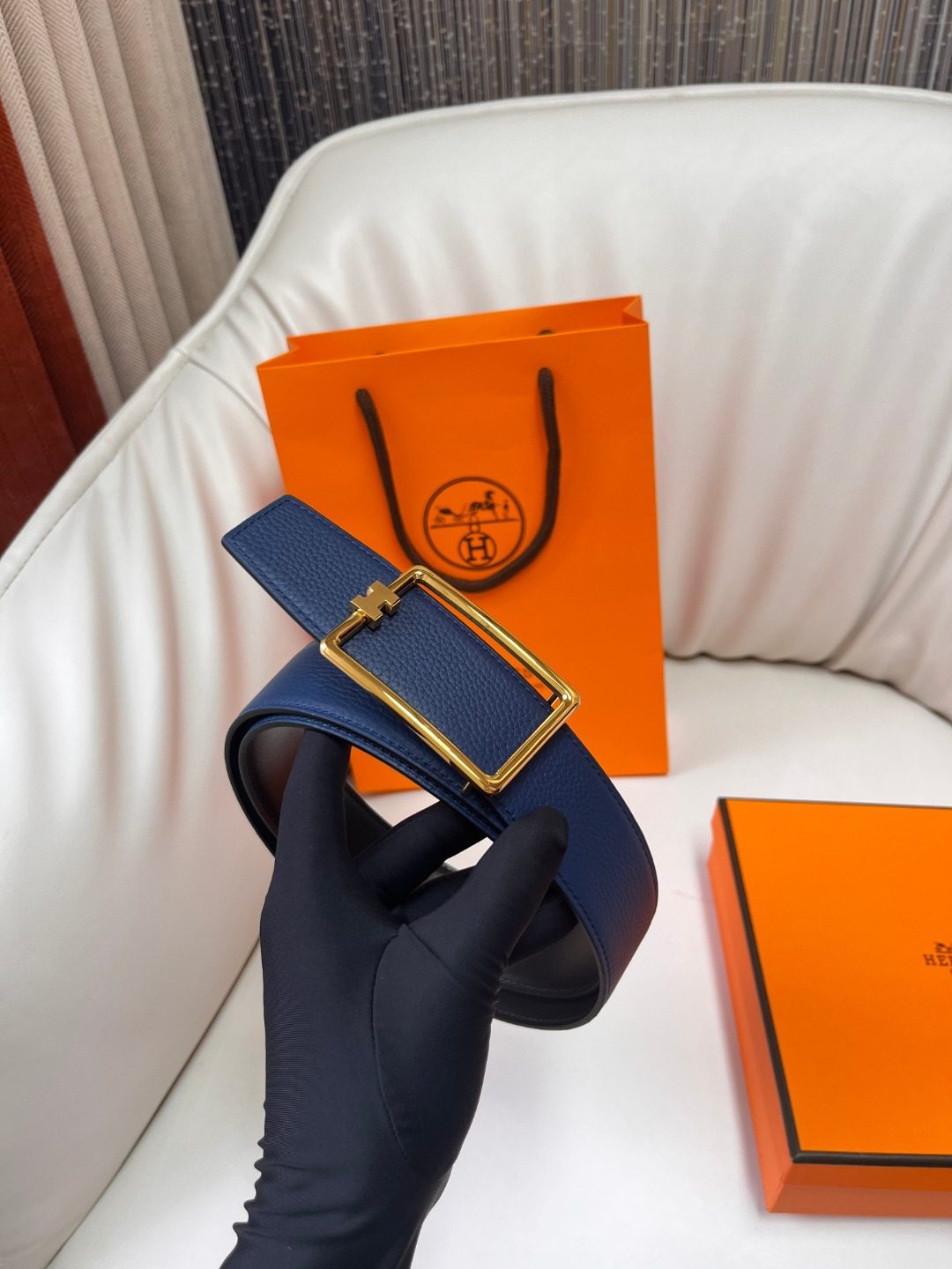 Hermès Reversible Leather Belt Navy Blue