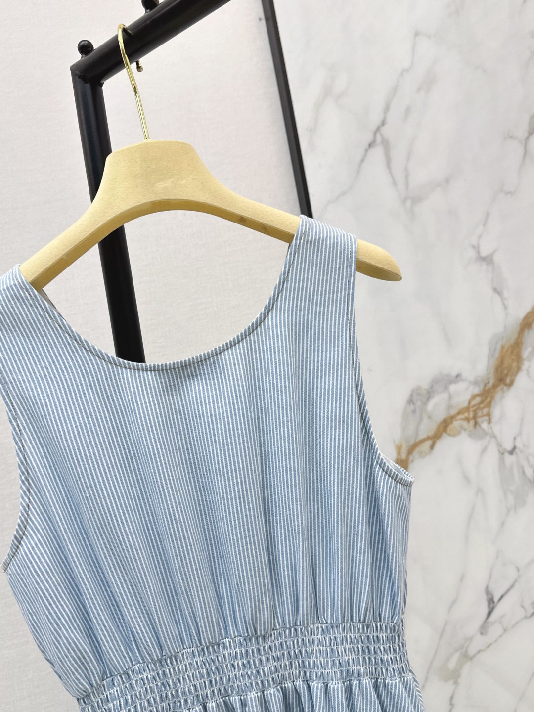 Light Blue Striped Sleeveless Midi Dress