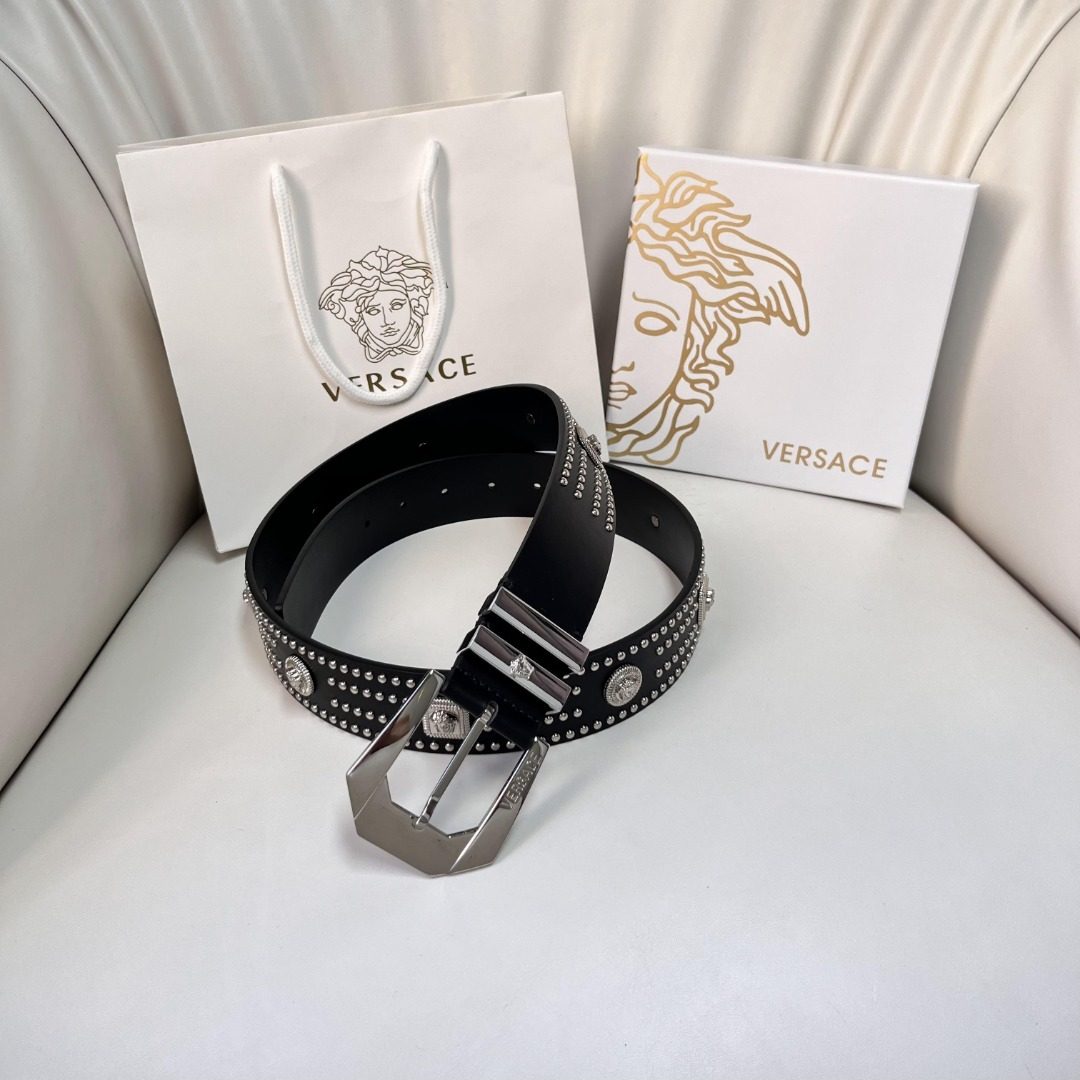 Versace Studded Leather Belt with Medusa Buckle