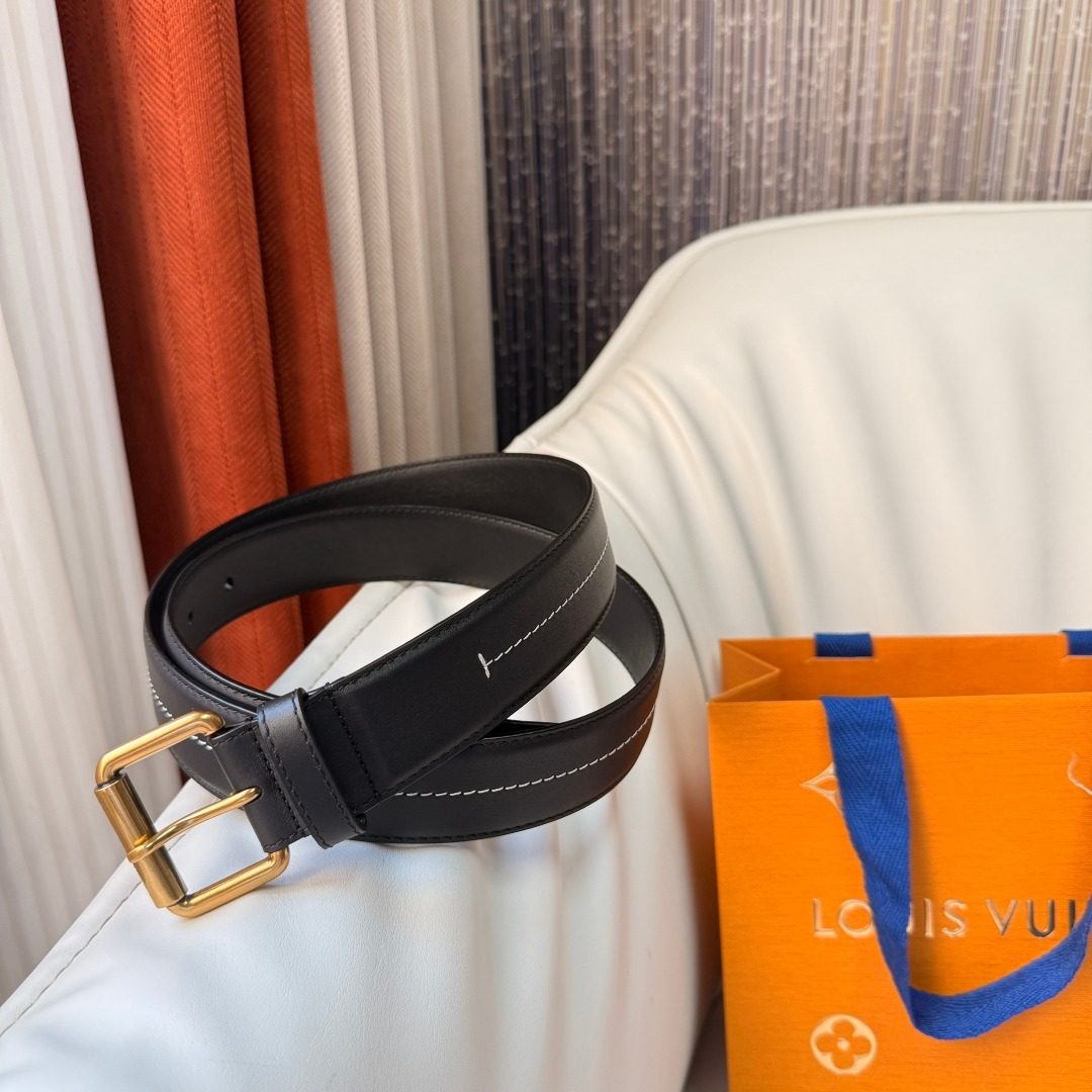 Louis Vuitton Black Leather Belt with Gold Buckle