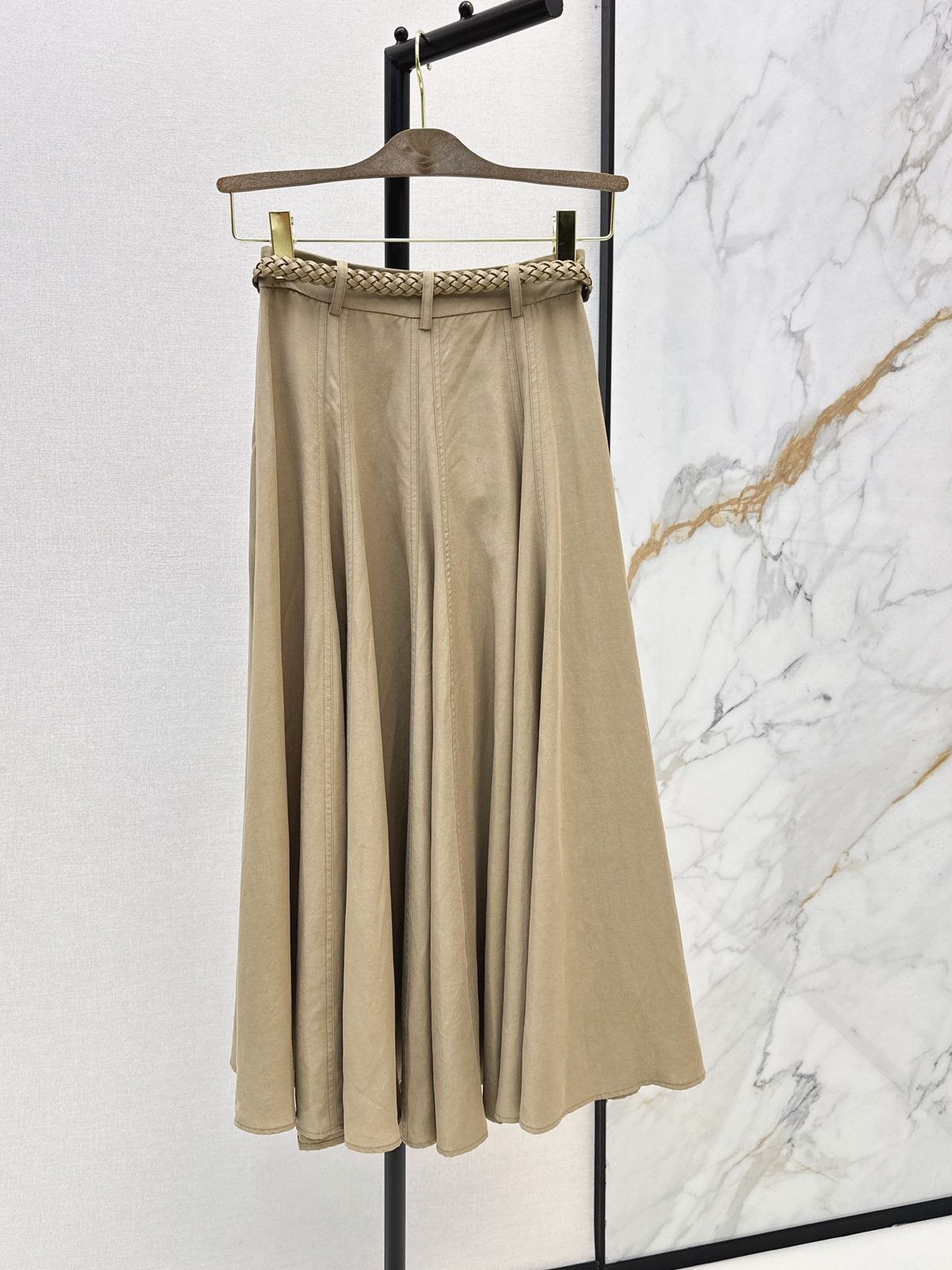 Beige Pleated A-Line Midi Skirt
