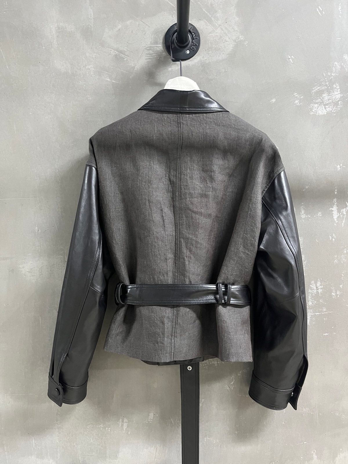 Mixed Media Leather and Wool Blazer with Belt