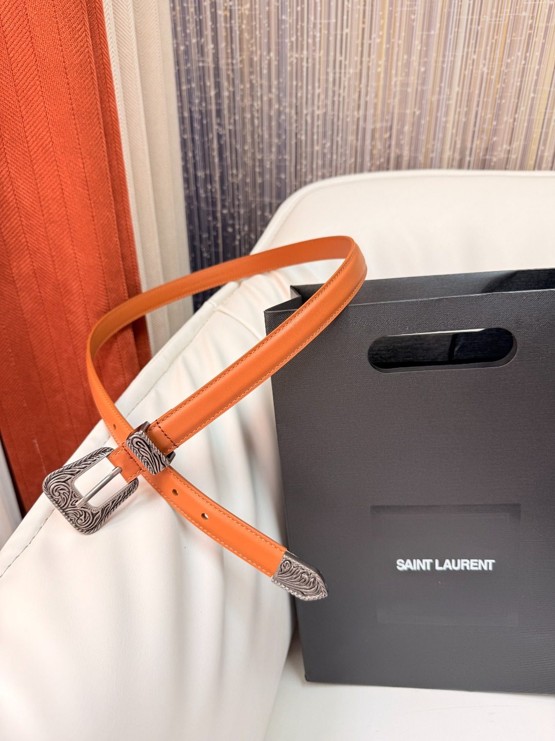 Saint Laurent Orange Leather Belt with Silver Hardware