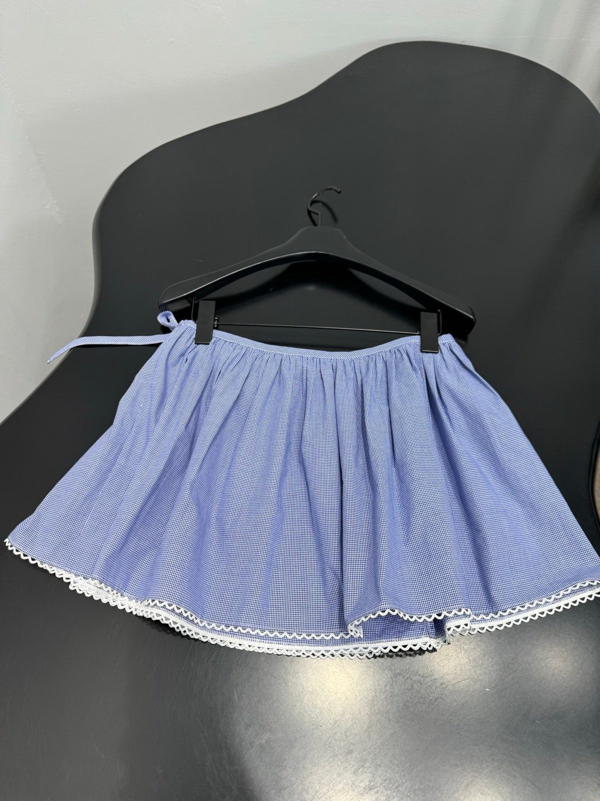 Light Blue Gingham Short Shorts with Lace Trim