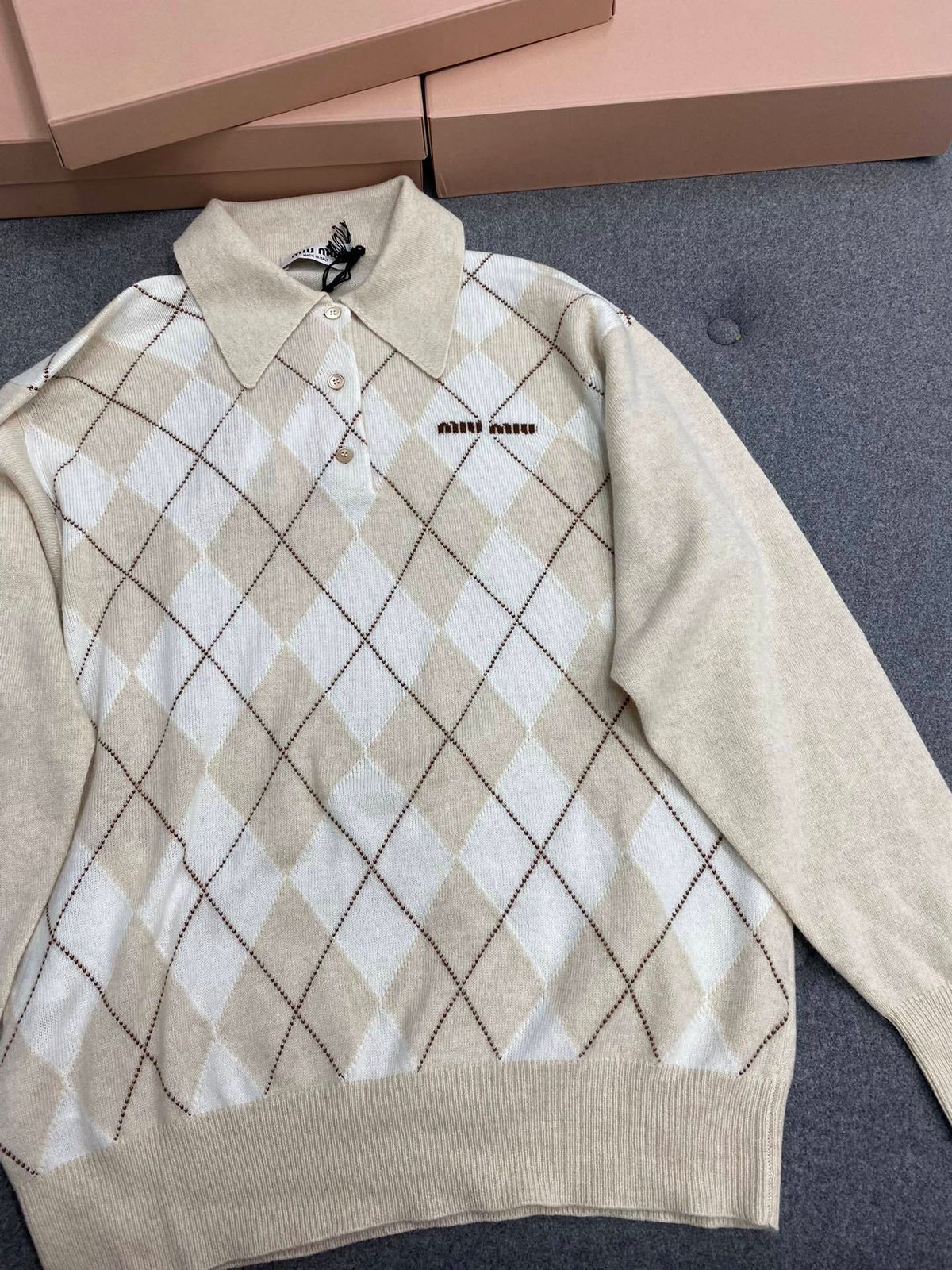 Miu Miu Argyle Polo Collar Knit Sweater